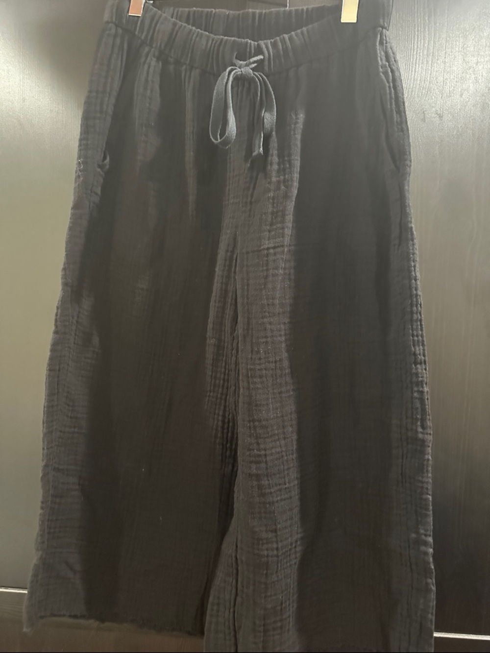 Eileen Fisher Black Gauze Wide-Leg Capris with Drawstring Waist